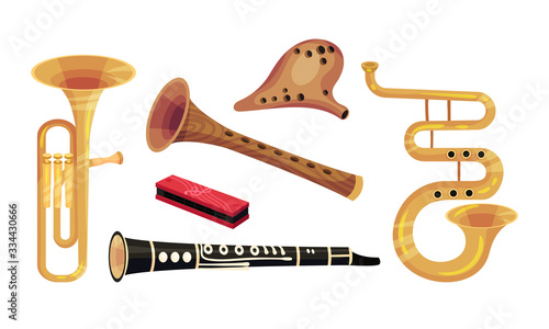 Wind Musical Instruments Isolated on White Background Vector Set