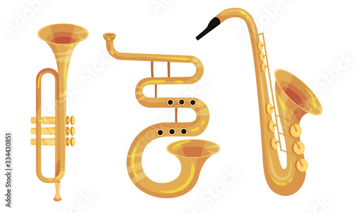 Wind Musical Instruments with Trumpet and Saxophone Vector Set