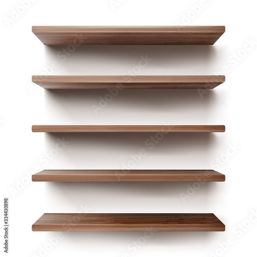 Empty wooden shelves on white wall. Vector realistic mockup of bookshelves in library, wood rack in store, brown timber planks for storage or exhibition in gallery