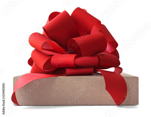 Big beautiful red bow on a simple box for a gift, gift wrap, banner, advertisement, congratulation.