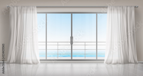Glass windows with white silk curtains and overlooking to sea. Vector realistic interior of empty room in home or hotel with glass doors to balcony, terrace with railings