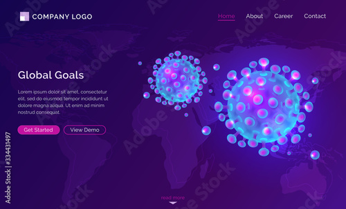 Coronavirus pandemic isometric landing page. Covid 19 cells on world map neon glowing ultraviolet background. Worldwide global goals achievement, corona virus epidemic spread, 3d vector web banner