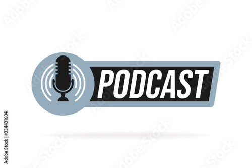 Podcast radio icon illustration. Studio table microphone with broadcast text podcast. Webcast audio record concept logo