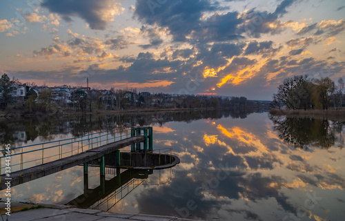 Sunset. Seeing today on the lake in the village of Luka. Kiev region. Ukraine. March 28, 2020.