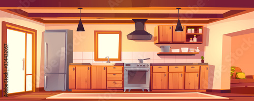 Rustic kitchen empty interior with appliances and western wooden furniture. Table, oven, range hood, refrigerator and utensil. Equipment for cooking in retro vintage style, Cartoon vector illustration