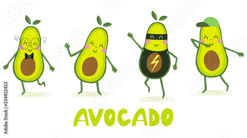 Cute hand drawn with cartoon avocado. Funny cartoon avocado healhty food. Fresh print