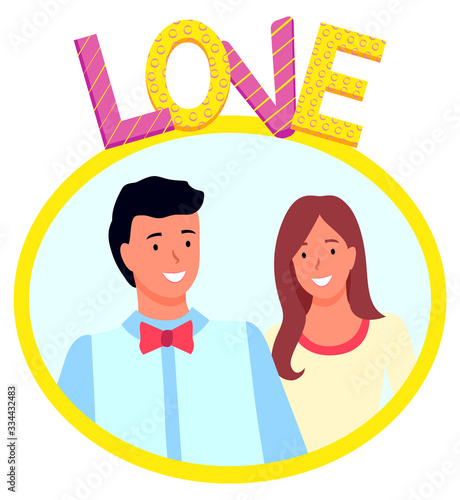 Love photozone accessories, smiling man and woman standing together and posing. Romantic photography, professional photo. Face of lovers in frame, invitation on wedding from husband and wife vector