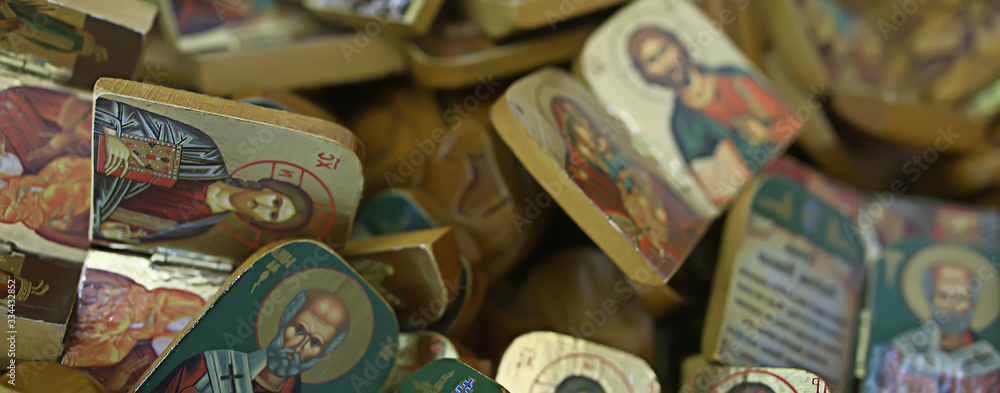 Kalambaka, Greece - September 17, 2019: Orthodox icons in a church shop, church faith concept