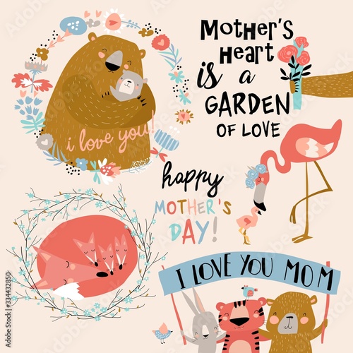Set of cute illustrations for Mothers Day in cartoon style