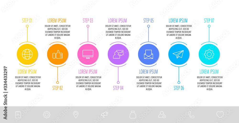 Fototapeta premium Vector template circle infographics. Business concept with 7 options and parts. Seven steps for content, flowchart, timeline, levels. Path step by step