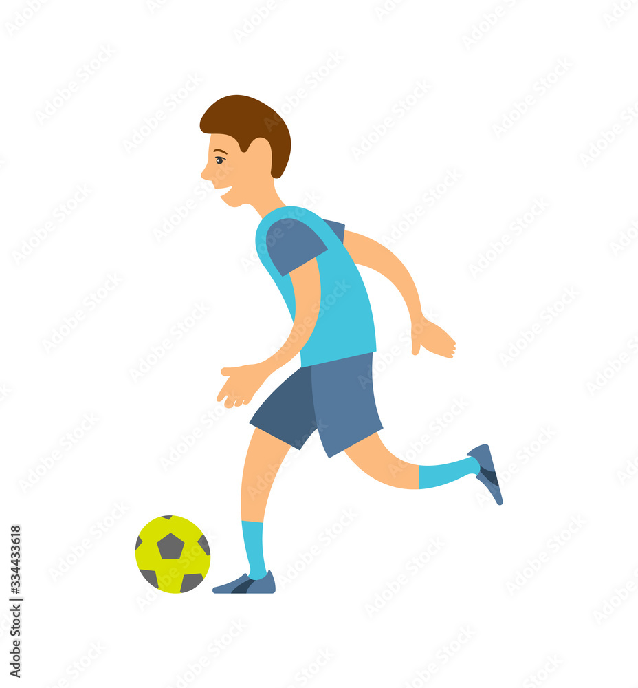 Football player in uniform running with ball isolated cartoon character. Vector footballer in t-shirt and shorts kicking leather soccer-ball, athletic man play game