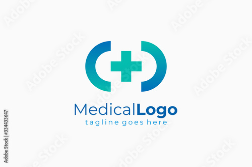 Blue Cross Sign in Circle Line Medical Logo Health Icon isolated on White Background. Flat Vector Logo Design Template Element
