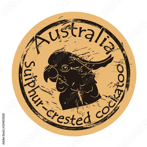 Great white cockatoo bird head silhouette icon round shabby emblem design old retro style. . Greater white-crested cockatoo logo mail stamp on craft paper vintage grunge sign. Sulphur crested cockatoo