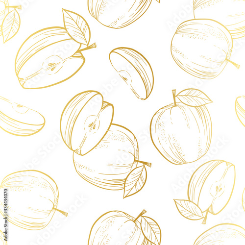 Golden seamless autumn apples with leaves pattern.