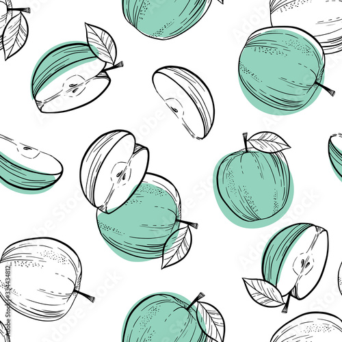Green apple seamless endless pattern. Doodle style background.