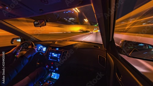 Timelapse video View from Side of Car moving in a night city, Blured road with lights with car on high speed. Concept rapid rhythm of a modern city.