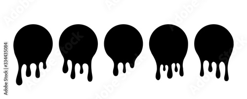 Dripping black blobs. Drip drop paint or sauce stain drips. Black drippings oil current round spots, ink paint leak or liquid black stains isolated set. Vector illustration.
