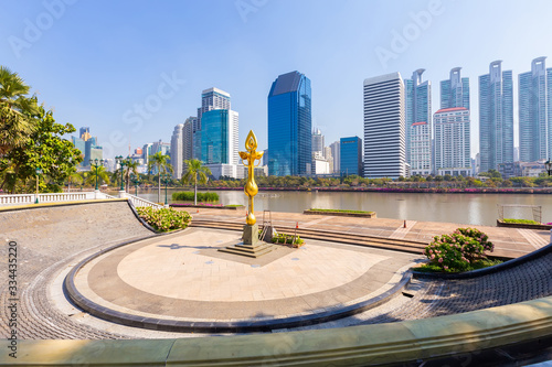 Cityscape of the office building at Benchakitti park in the morning at Bangkok, Thailand. Tall building with park in the capital , Thailand.