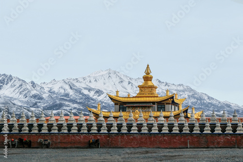 Photography golden buddhist temple with snowy mountain in China