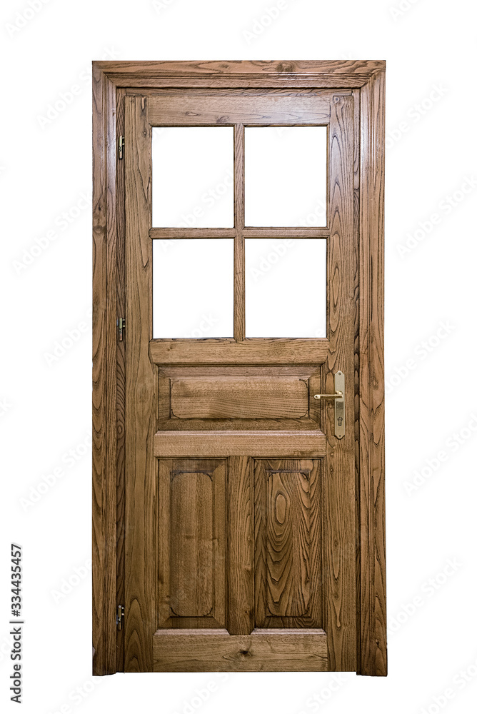 Wooden door with glazed openings isolated on white background