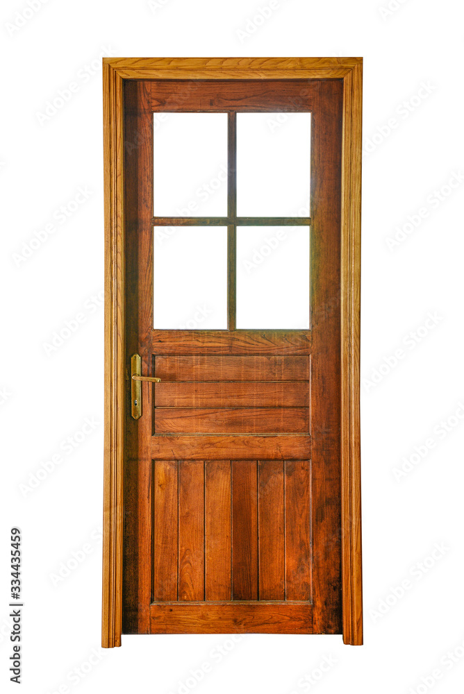 A wooden door with glass openings isolated on white background A wooden door with glass openings isolated on white background