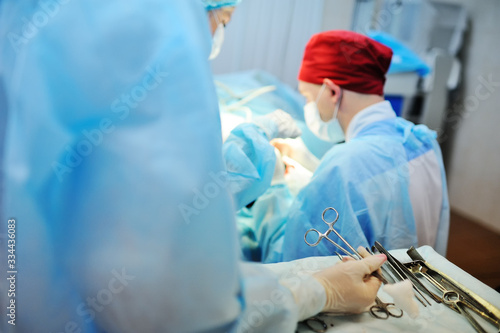 a team of doctors or a group of surgeons in the operating room on the background of surgical equipment.