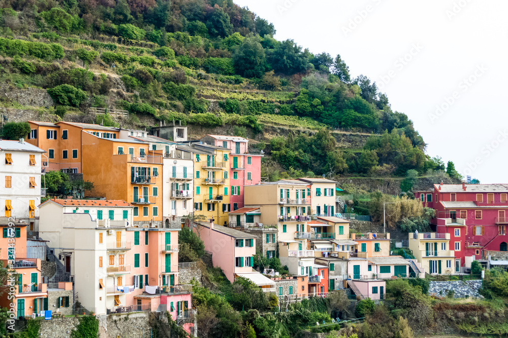 Obraz premium Nice aerial landscape view of the little town of Manarola in the Cinque Terre in Liguria Italy. It is a small colorful village perched on the rocks with a fantastic view of the Mediterranean sea