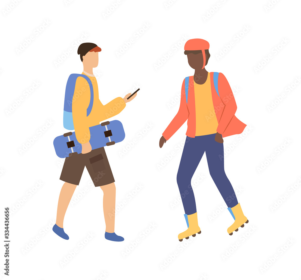 Man holding skateboard and roller skater in helmet isolated cartoon people. Vector side view of boy using phone, person wearing casual clothes and backpack Man holding skateboard and roller skater in helmet isolated cartoon people. Vector side view of boy using phone, person wearing casual clothes and backpack