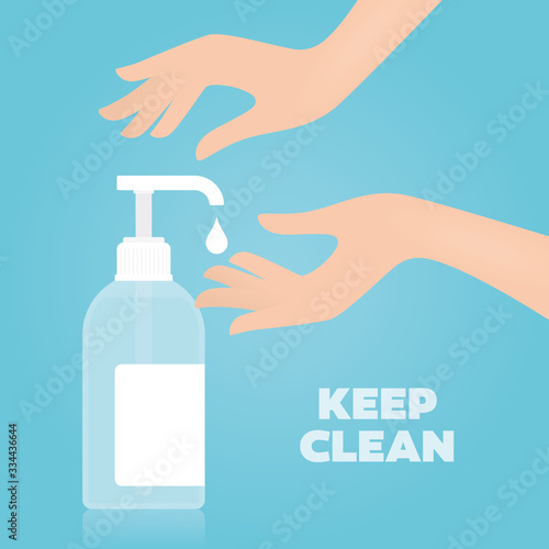 Vector illustration. Female hands washing up disinfection. Hand sanitizer bottle, washing gel. Blue background.