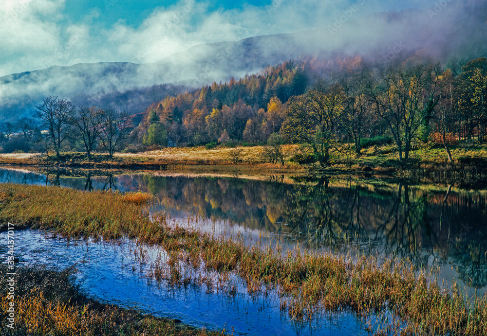 Fototapeta premium Peaceful Autumn scene of the Scottish landscape in the Trossachs near Loch Lomond