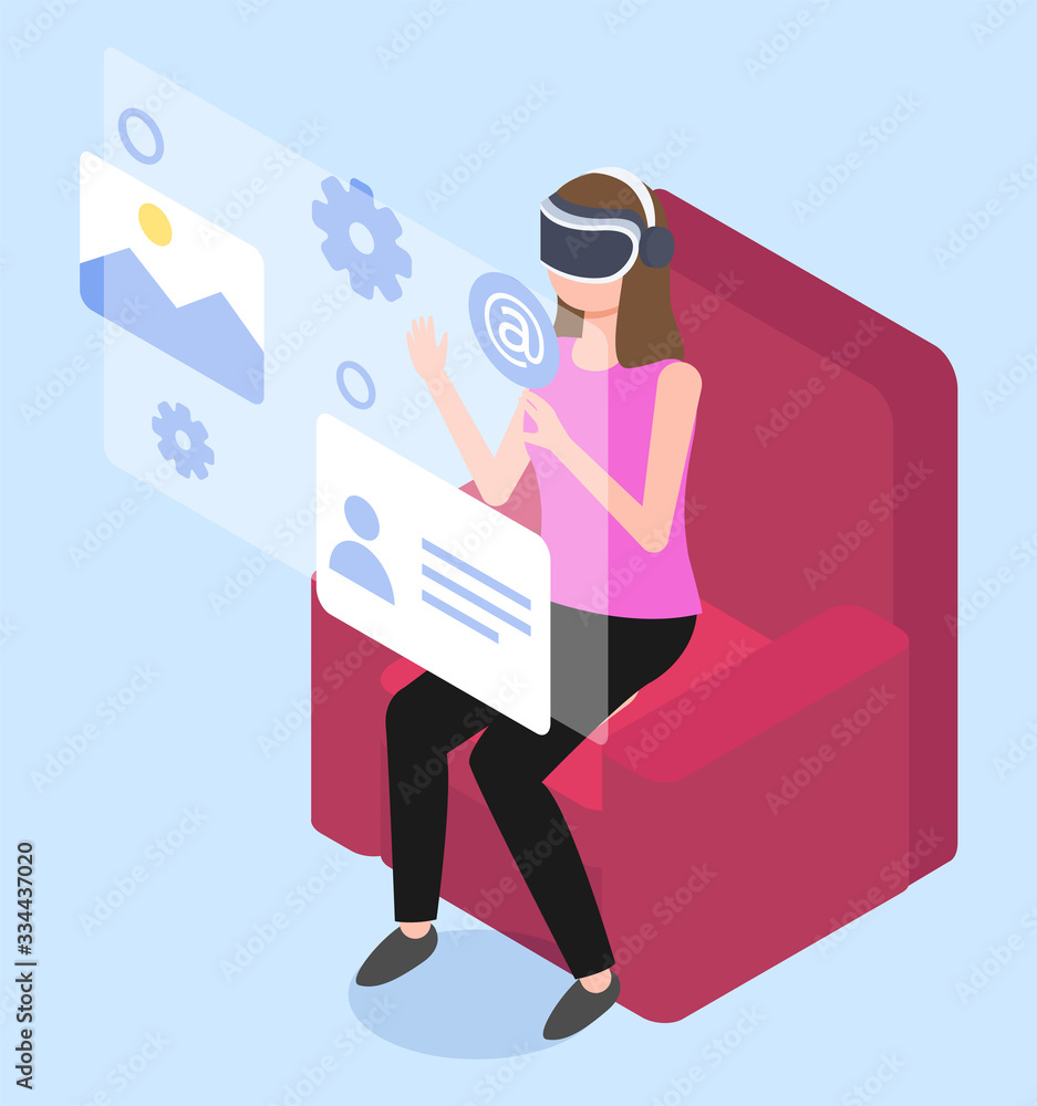 Virtual reality isometric woman on armchair, woman in headset and goggles immersing in vr world vector. Augmented vr work, gadget interface for entertainment. Settings and social media, mail Virtual reality isometric woman on armchair, woman in headset and goggles immersing in vr world vector. Augmented vr work, gadget interface for entertainment. Settings and social media, mail