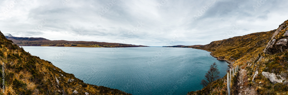 Panoramic landscape of Little Loch Broom bay in a cloudy day, Scotland