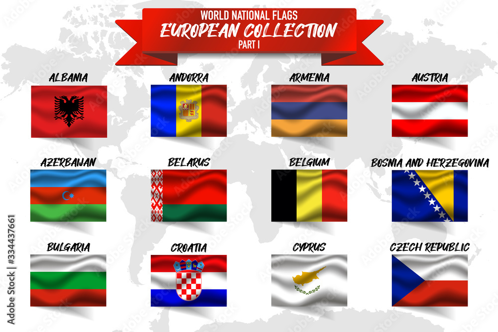 Set of realistic official world national flags, waving edition. isolated on map background. Objects, icons and symbol for logo, design. European Collection. Albania, Andorra, Armenia, Austria, Belgium