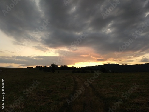 Sunrise or sunset over the hills and meadow. Slovakia