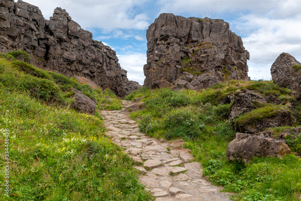Obraz premium tourist road walk in Thingvellir National Park