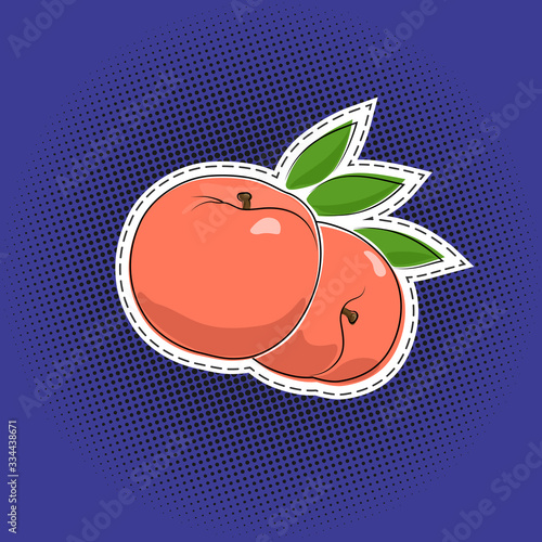 Fruit peach sticker on a purple violet pop art halftone background, black dots in the form of a circle , pins or patches, retro style, vector illustration