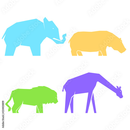Set of multi-colored african animals in different poses, lions and hippos, elephants and giraffes, vector illustration