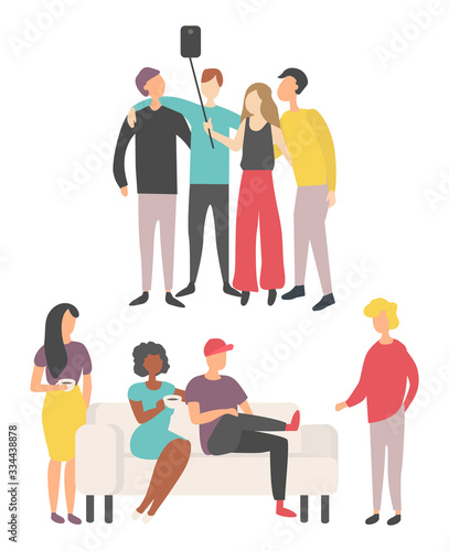 Friends spend time together in cafe on couch vector, isolated people having fun in company in leisure time, woman taking selfie photo with her colleagues