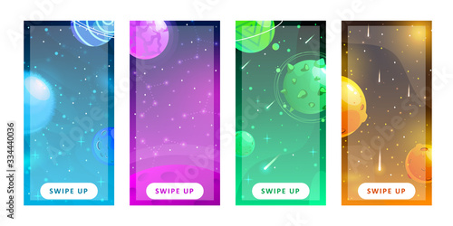Stories template. Set of space background with cartoon fantasy planets. Mobile backdrop. Space background. Fantasy planets. Colorful universe. Game design. Fantasy space planets for ui galaxy game.