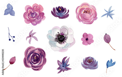 Watercolor set of illustration of flowers, for wedding cards, romantic prints, fabrics, textiles and scrapbooking.