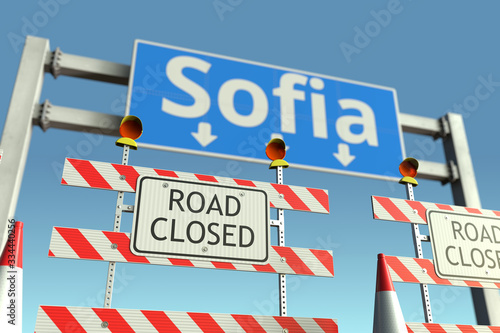 Road barriers at Sofia city traffic sign. Coronavirus disease quarantine or lockdown in Bulgaria conceptual 3D rendering © Alexey Novikov