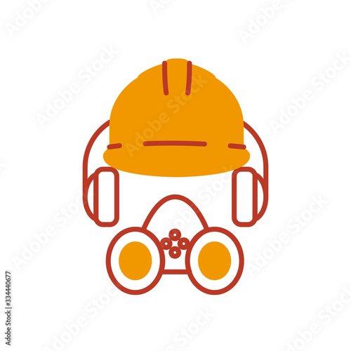 safety helmet, headphones and gas mask icon, half line half color style