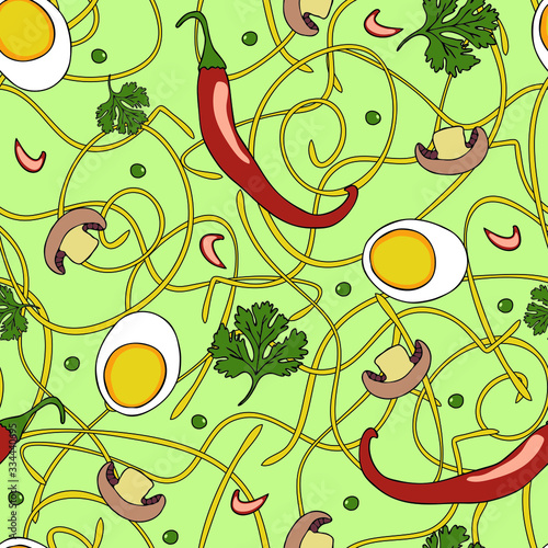 Seamless vector pattern with noodle soup ingredients on green background. Tasty food wallpaper design with hot paper, mushrooms and eggs. 