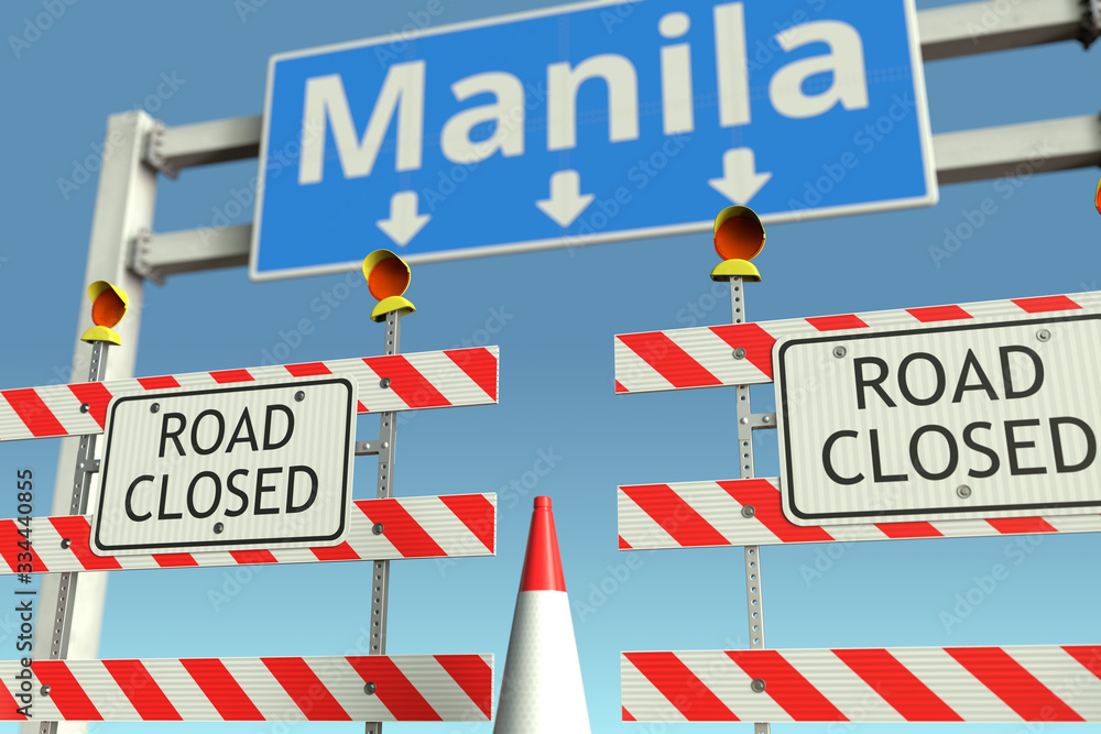 Traffic barricades near Manila city traffic sign. Coronavirus disease quarantine or lockdown in the Philippines conceptual 3D rendering