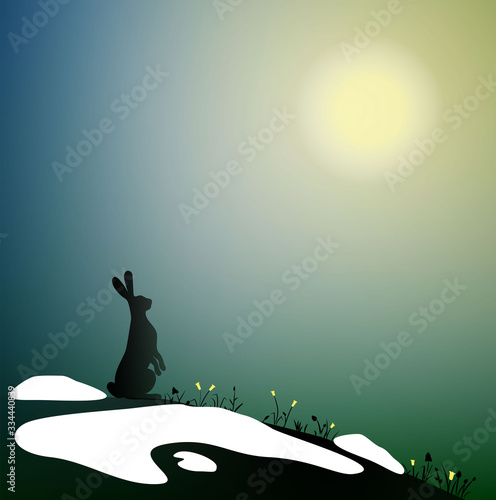 spring rabbit landscape, hare on the top of snowy hill look at spring sun, spring comes, Easter nature scene,