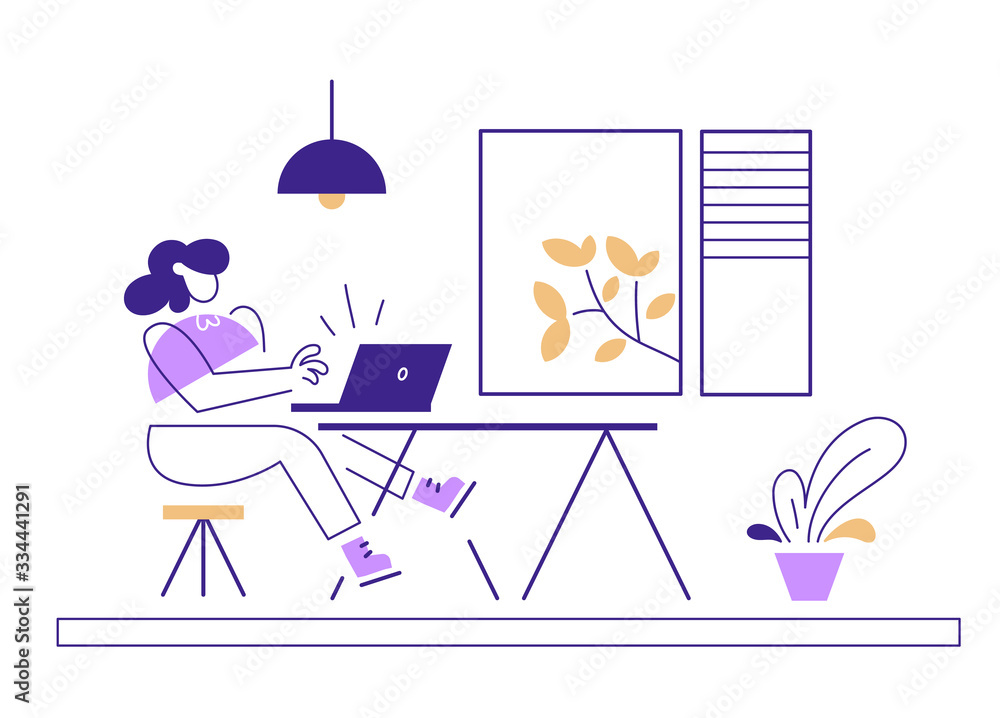 Vector creative business illustration of geometric successful woman with laptop on white background. Interior of people place work at home. Vector creative business illustration of geometric successful woman with laptop on white background. Interior of people place work at home.