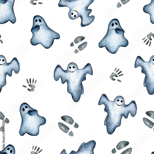 Halloween Watercolor Ghosts, ghost pattern, children's detective illustration, creature under the sheet, children's motive, detective story, funny ghosts. Watercolor illustration. Mystical character