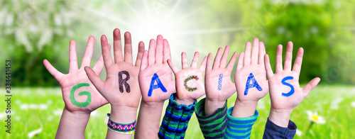 Many Children Hands Building Colorful Spanish Word Gracias Means Thank You. Sunny Green Grass Meadow As Background photo