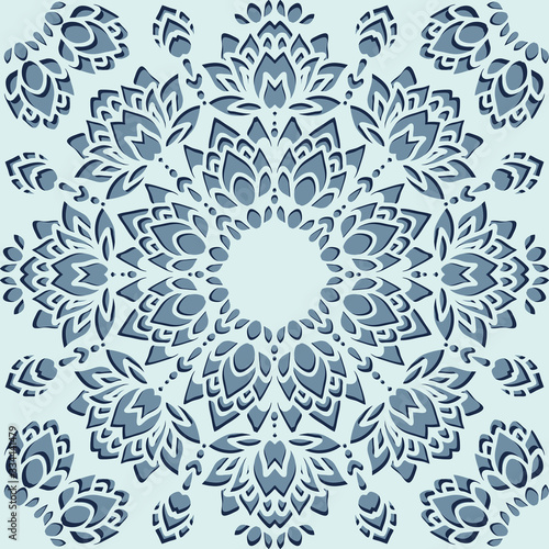 Seamless vector pattern with paper cut flowers on light blue background. Floral lace snowflake wallpaper design.