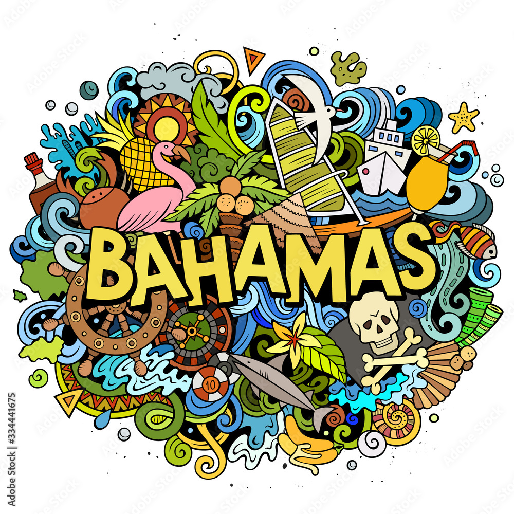 Bahamas hand drawn cartoon doodles illustration. Funny travel design.